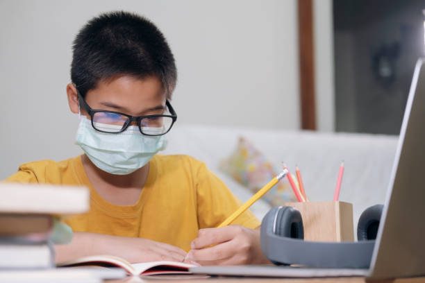 istock Boy wearing face masks online study at home. 1214326713