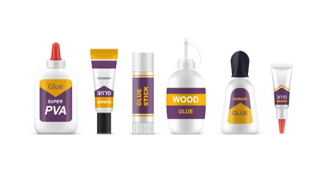 Set of isolated glue tubes or sticks, superglue Set of realistic glue tubes or sticks. Superglue and quick adhesive, power and wood, PVA and universal, wood and instant sticker. Cartoon 3d,realistic container for sticky gel. School, repair, package cartoon of glue stick stock illustrations