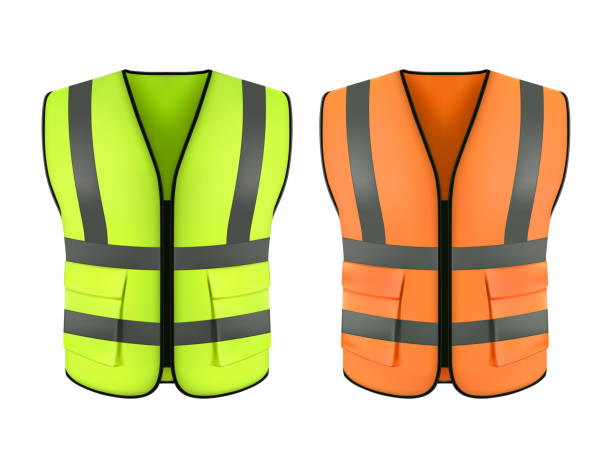 Reflective orange vest, green construction jacket Set of realistic reflective orange vest or green construction jacket. Clothing form or safety cloth, fluorescent wear for worker, Waistcoat or workwear, warning equipment for road. Sleeveless suit waistcoat stock illustrations