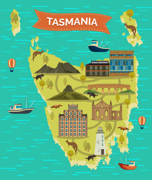 塔斯馬尼亞地圖或塔西島，tas著名地標 - 塔斯曼尼亞 插圖 幅插畫檔、美工圖案、卡通及圖標