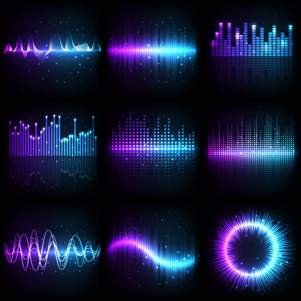 illustrazioni stock, clip art, cartoni animati e icone di tendenza di onda sonora, frequenza equalizzatore audio musicale - led pattern in a row blue