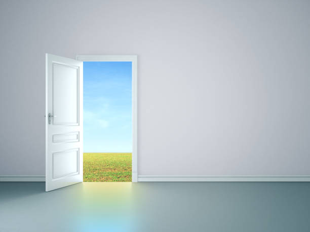 istock White room interior with open door tofield. 1214328183