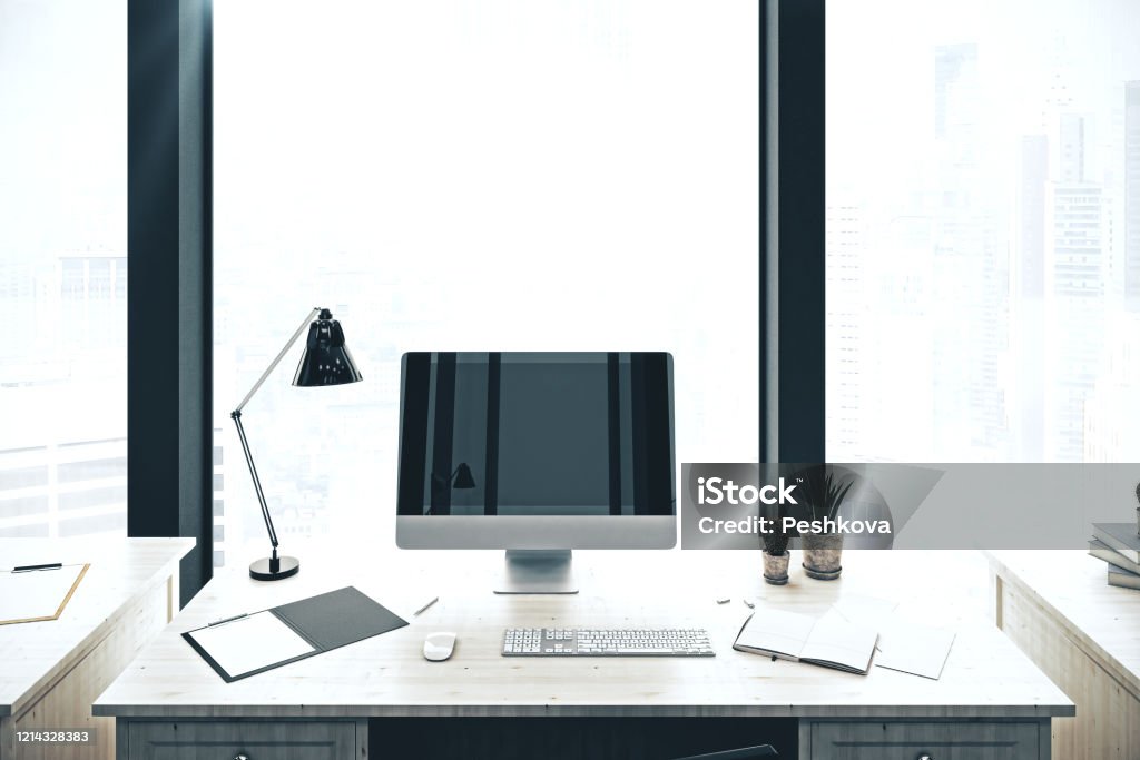 Empty Computer Design Creative Designer Desktop With Empty Computer Screen Stock Photo ...