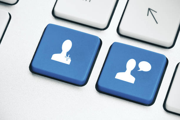 istock Social media buttons on laptop 1214328443
