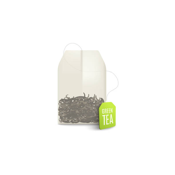 乾燥した葉と緑のラベルタグを持つ現実的な緑茶袋 - herbal medicine tea crop tea leaves dry点のイラスト素材／クリップアート素材／マンガ素材／アイコン素材