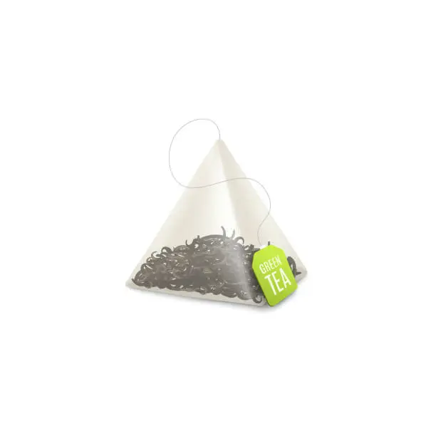 Vector illustration of Tea pyramid pack or bag with green label realistic vector illustration isolated.