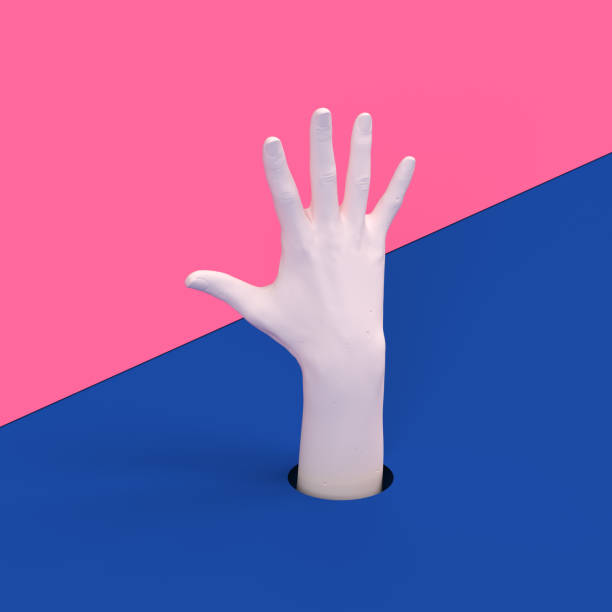 istock Hand up showing five count gesture. Five fingers open palm white hand of mannequin 3d rendering. Art creative voting and communication concept banner. 1214330312
