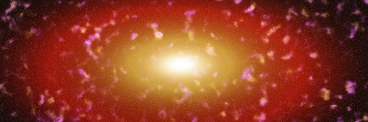A huge galaxy in red-yellow tones with a black hole in the center. Throughout the space of the picture, purple clouds of gas and halo. Drawing.