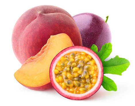Isolated peach and maracuya. Cut passion fruit and sliced peach isolated on white background with clipping path