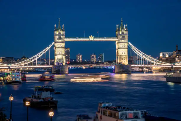 Tower Bridge & Thames river in city of London at twilight with evening illumination. Night view of the iconic architecture of the famous suspending bridge, photographed from far distance of the river’s Thames North shore high view point. Shot on Canon EOS R full frame system. Image is ideal for background with plenty of copy space.