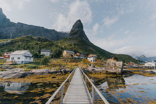 Sceic view of bridge on the background of mountain in Reine