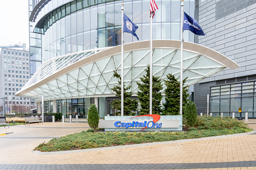 Tysons Corner, Virginia, USA - January 14, 2020: Capital one sign at Tysons Headquarters office building. Capital One Financial Corporation is an American bank holding company.