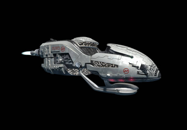 3D interstellar military drone with afterburner propulsion jets for futuristic deep space travel or science fiction backgrounds, with the clipping path included in the illustration