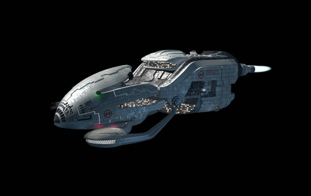 istock Detailed interstellar spaceship with afterburners isolated on black 1214333469