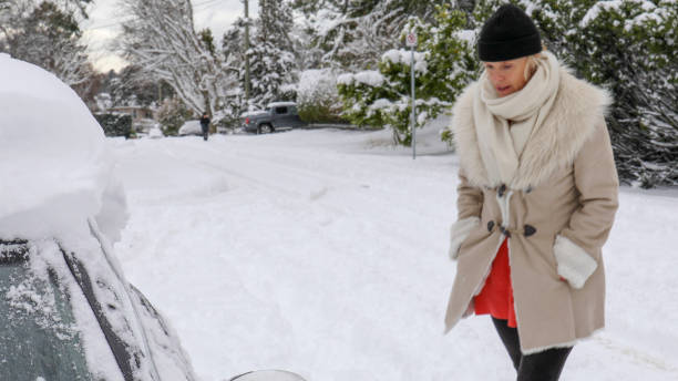 istock Woman walks through deep snow to her car 1214333592