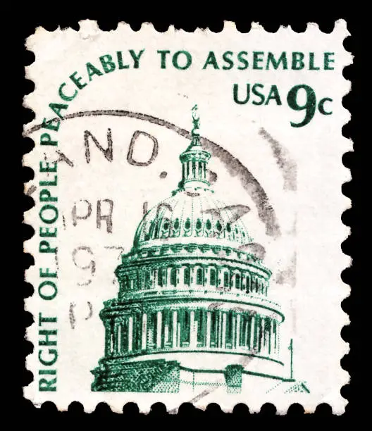 Photo of A greeting stamp printed in USA shows Dome of Capitol, in-script Right of people peaceably to assemble