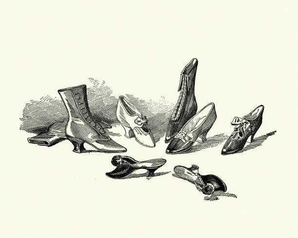 Vintage engraving of Examples of Victorian womens footwear, Boots, Shoes, Slip-ons, 1890s, 19th Century
