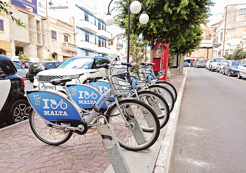Naxxar, Malta - September 29, 2018: Malta's public bicycle sharing dock station in Naxxar. Bicycle share program in Malta
