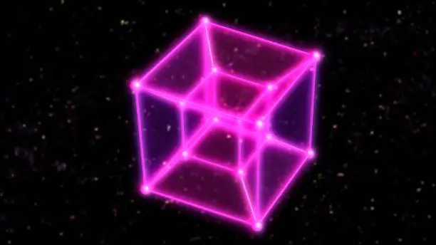 Photo of 4 Dimensional Hypercube Tesseract Rotating in Outer Space and Stars - Abstract Background Texture