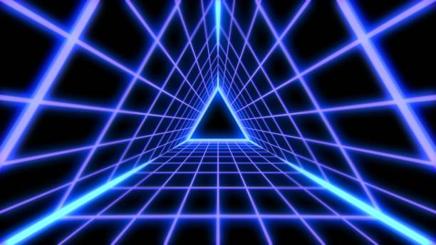 istock Retro Futuristic 80s Vaporwave Triangle Grid Synthwave Tunnel - Abstract Background Texture 1214340643