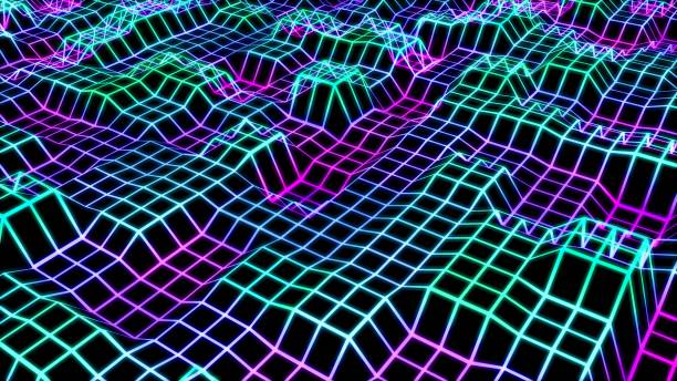 istock Retro 80s Wireframe Glowing Neon Grid Tiles Moving Up and Down - Abstract Background Texture 1214340648