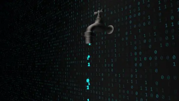Photo of Data Leak Concept with Software Binary Code Flowing from Faucet Tap - Abstract Background Texture