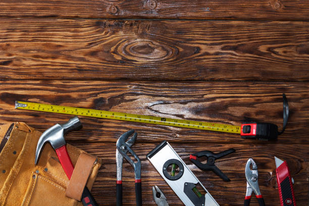 istock Close up tools on a wooden background. 1214340716