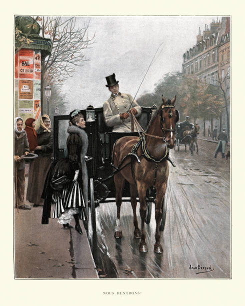 Vintage engraving of Woman getting into horsedrawn carriage, Paris, 1890s, 19th Century. after Jean Beraud