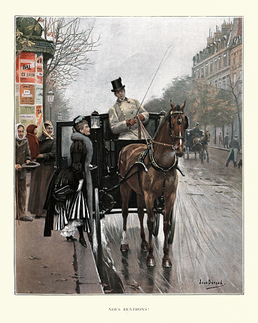 Vintage engraving of Woman getting into horsedrawn carriage, Paris, 1890s, 19th Century. after Jean Beraud