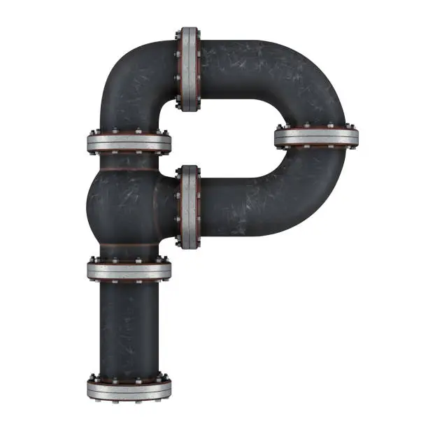 Letter P from cast iron pipes, 3D rendering isolated on white background