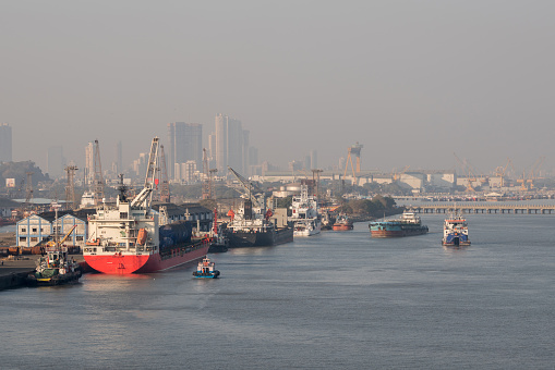 Industrial cranes at sea port Mumbai.