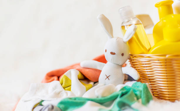 Accessories for bathing the baby. Selective focus.