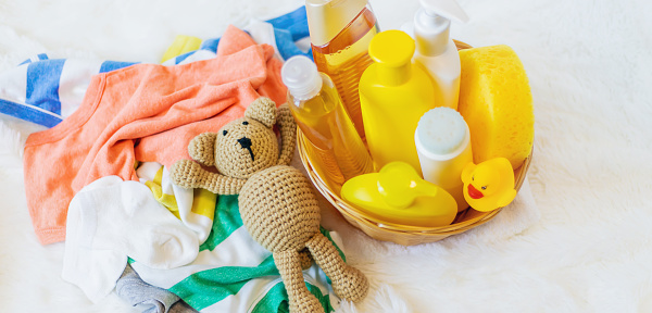 Accessories for bathing the baby. Selective focus. nature.