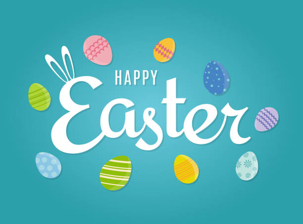 ilustrações de stock, clip art, desenhos animados e ícones de easter background with eggs on blue background. vector - easter egg pastel colored text easter