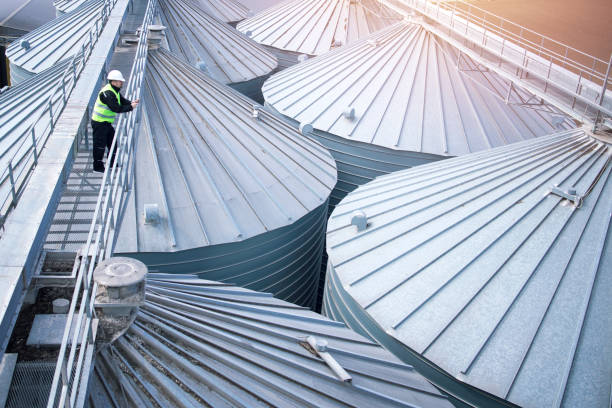 arbeiter in schutzkleidung zu fuß getreide aufzug und beobachten silos dächer. industrielle lebensmittel- und getreidelagerung. - silo tank stock-fotos und bilder