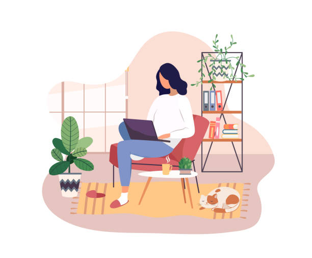 freelancer pracuje na laptopie w domu, praca zdalna. - teenage girls illustrations stock illustrations