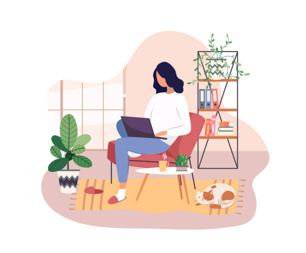 Freelancer working on laptop at home, remote job. Freelancer working on laptop at home, remote job. Young girl studying from home, e-learning concept. Comfortable conditions for work during the quarantine. Online shopping. Vector illustration. domestic room illustrations stock illustrations