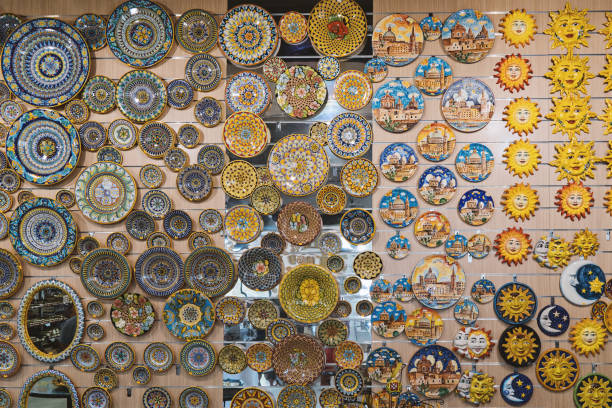Showcase in glass and ceramics shop in the village of the masters of Ta Qali in Malta: Ta Qali, Malta  - July 1, 2017