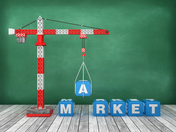 istock Tower Crane with MARKET Word on Chalkboard Background - 3D Rendering 1214344953