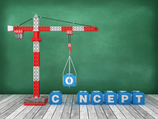istock Tower Crane with CONCEPT Word on Chalkboard Background - 3D Rendering 1214345076