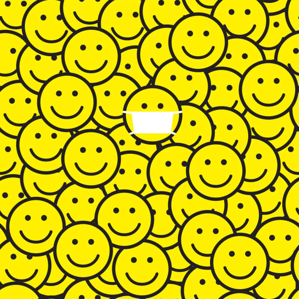 Smile icons pattern. One person in medical mask. Smile icons pattern. One person in medical mask. Seamless pattern. Wearing mask to stop spreading the infections, including Coronavirus (Covid-19) disease. Responsibility. Vector illustration. anthropomorphic smiley face illustrations stock illustrations