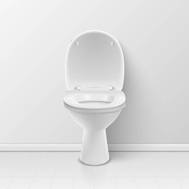 istock Vector 3d Realistic White Opened Ceramic Toilet in the Bathroom, Toilet Room. Toilet Bowl with Lid, Plumbing, Mockup, Design Template for Interior. Front View. Stock Illustration 1214346431