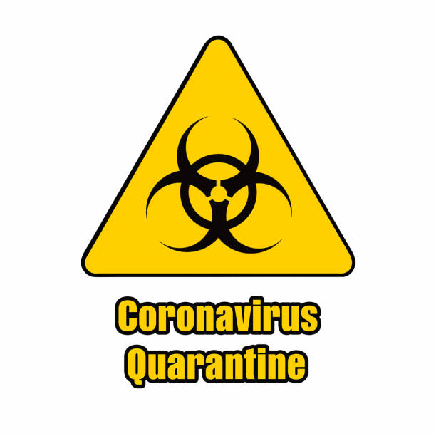 istock Warning coronavirus quarantine yellow and black biohazard sign on white background, hazard quarantine, , covid-19, coronavirus quarantine sign, 3d illustration 1214346460