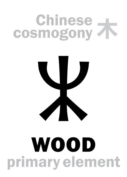 ilustraciones, imágenes clip art, dibujos animados e iconos de stock de alchymie alphabet: wood / tree, uno de los cinco elementos principales de la creación de el mundo en la filosofía china «wu-xing» & «feng-shui». carácter jeroglífico chino, signo/símbolo de oriente. - chinese five elements