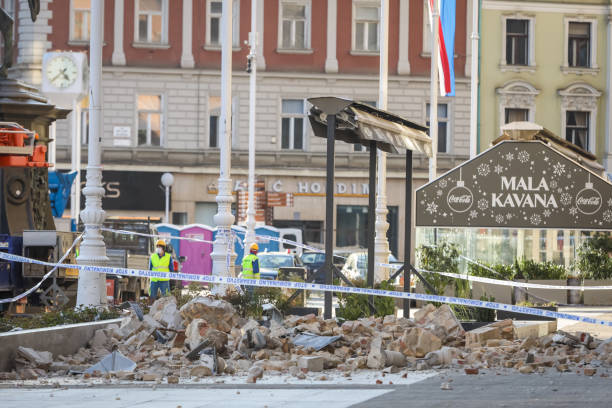 Zagreb hit by the earthquake Zagreb, Croatia - March 22, 2020 :Capital of Croatia, Zagreb has been hit by the magnitude of the earthquake 5.5 per Richter. Scattered parts of the building after an earthquake in downtown of Zagreb. zagreb earthquake stock pictures, royalty-free photos & images