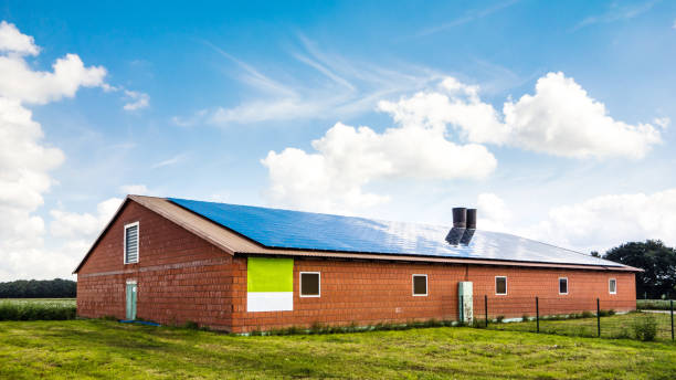 celeiro agrícola com coletores solares no norte da alemanha, europa - house farm brick chimney - fotografias e filmes do acervo