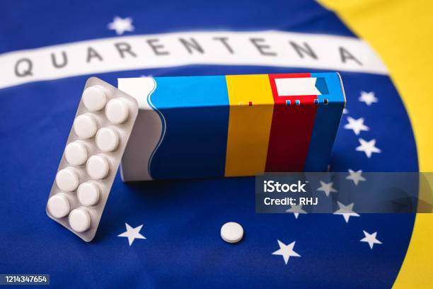 Flag Of Brazil With Pack Of Pills And Medicine Box Concept Of Quarantine In Brazil Due To Coronavirus Research On Covid19 Stock Photo - Download Image Now