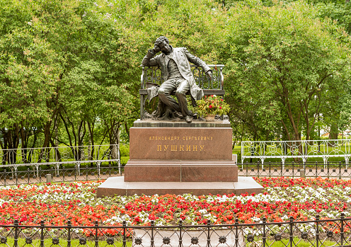 Pushkin, Saint Petersburg, Russia - May 19, 2015: Monument to poet Alexander Pushkin in the Lyceum garden at Tsarskoye Selo, Russia.