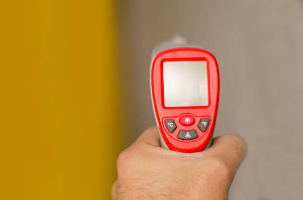 istock implements to identify the virus crown, thermometer and application, alcohol gel 1214348328