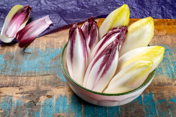 endivi belga orgánico fresco o lechuga de achicoria verde y roja de cerca - radicchio fotografías e imágenes de stock